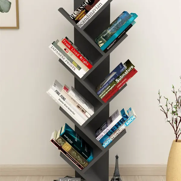 Biblioteca Copac cu rafturi decorative, etajera living 122 x 44 x 22 cm in forma de copac, cadru metalic negru + polite PAL melaminat 18 mm, element decorativ remarcabil pentru living sau birou, stil industrial modern