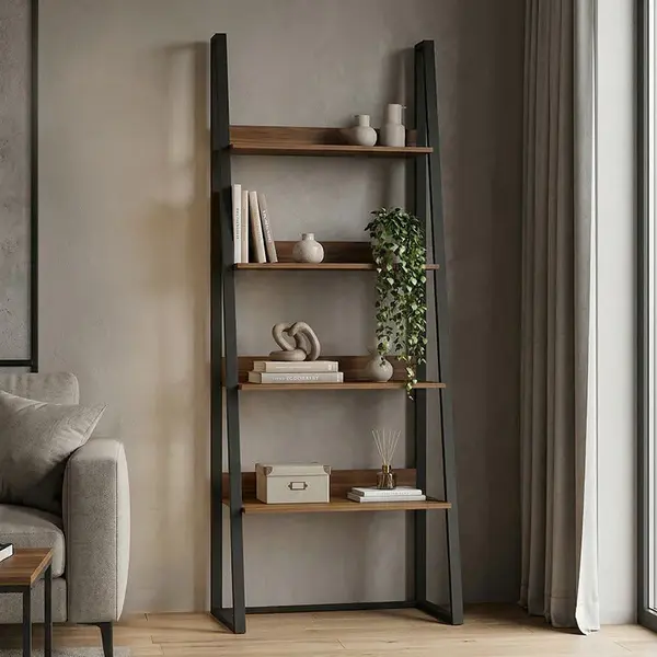 Bibliotecă cu rafturi Alfa, Stil Modern, Metal Negru și Lemn, Sonoma, 75x36x185 cm