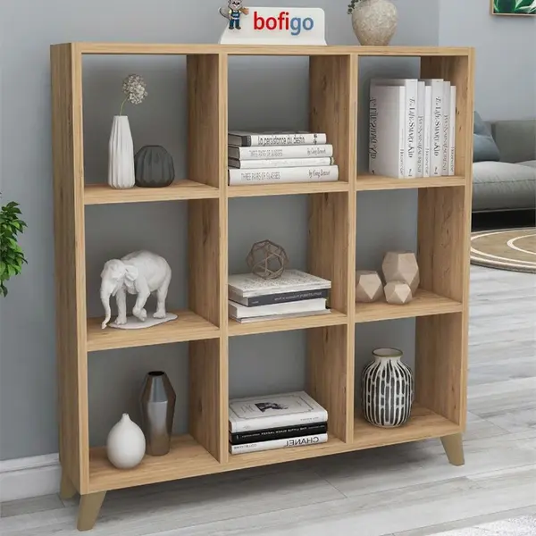 Biblioteca Cub cu 9 compartimente si rafturi, etajera carti 100.3 x 88.4 x 19.8 cm, cutii organizatoare design geometric modern, PAL melaminat 18 mm clasa E1, asezabila vertical sau orizontal ca bancuta, stil scandinav