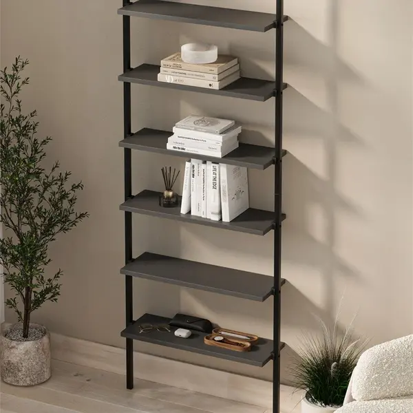 Biblioteca de Perete cu 6 Rafturi, Cadru Metalic, PAL 18 mm, 60 x 20 x 181 cm