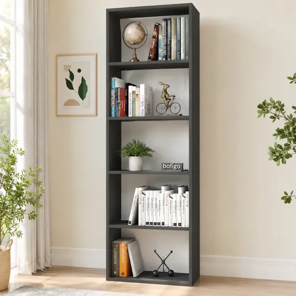 Biblioteca Decorativa cu 5 Rafturi, Design Inalt si Ingust, PAL E1, 55 x 20 x 172 cm
