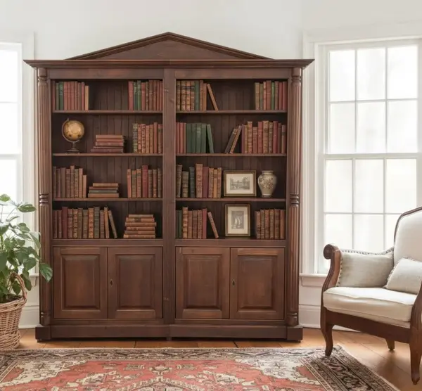Bibliotecă din lemn masiv cu fronton cu finisaj Lacuit & Vopsit
