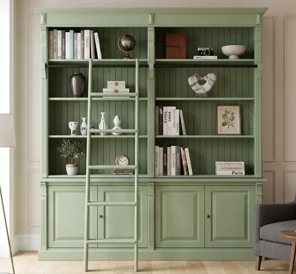 Biblioteca mare cu 4 usi BAS + etajera dubla SUP, Colectia Directoire cu finisaj Muted Olive