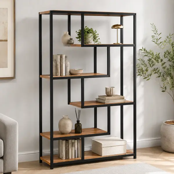 Biblioteca Moderna cu 6 Rafturi pentru Living si Birou, Cadru Metalic, PAL 18 mm, 88 x 30 x 160 cm