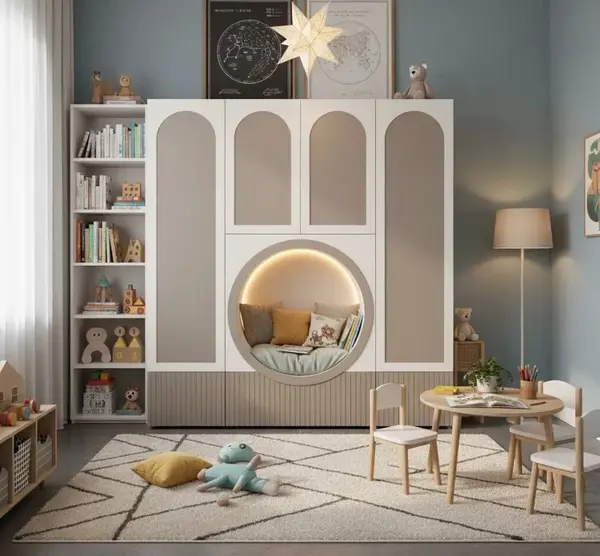 Biblioteca moderna cu nisa circulara pentru citit