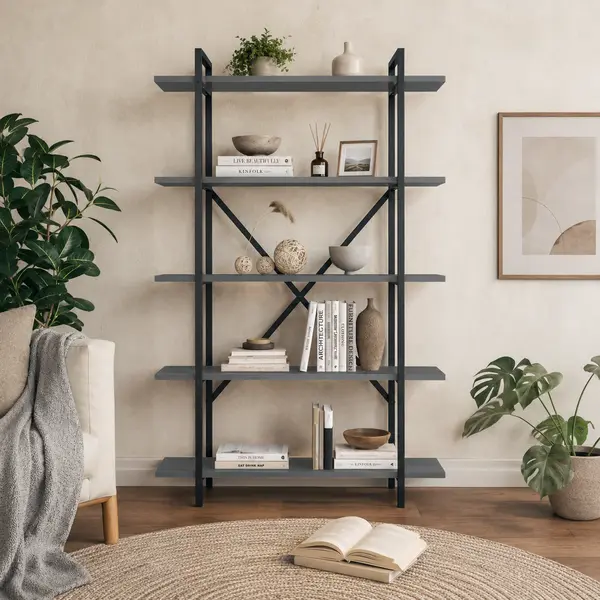 Biblioteca moderna din PAL si metal 90x29,7x159,6 cm, cu 5 rafturi, pentru carti si decoratiuni