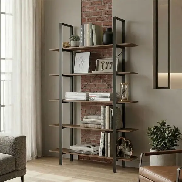Bibliotecă-Raft cu design modern Varous, Industrial, Metal și Lemn, Nuc, 120x28x180 cm