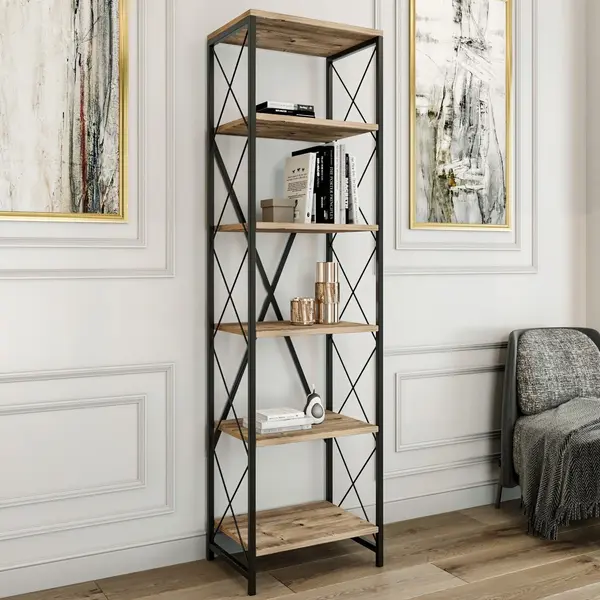 Biblioteca Suadiye cu 6 Rafturi cadru Metalic, Stejar, 50x180x35 cm