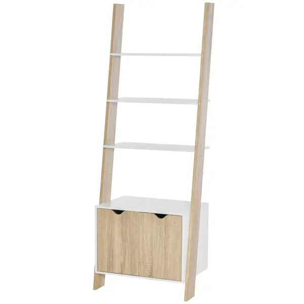 Biblioteca tip scara cu 3 Rafturi si Dulap, Raft Modern Stil Nordic din Lemn, 60x40x171cm, Stejar si Alb HOMCOM | Aosom Romania