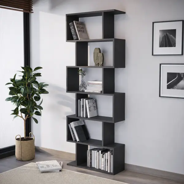 Biblioteca zig-zag din PAL 80x25x190,2 cm, cu 6 rafturi, pentru carti si decoratiuni