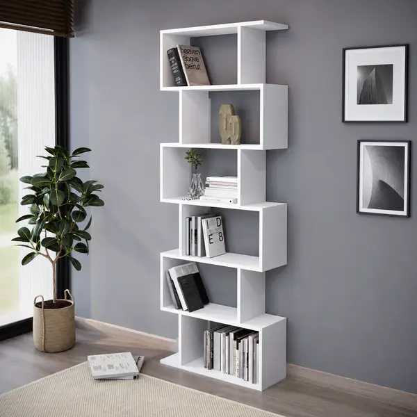 Biblioteca zig-zag din PAL 80x25x190,2 cm, cu 6 rafturi, pentru carti si decoratiuni