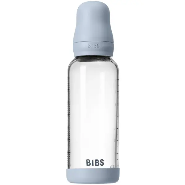 BIBS Baby Glass Bottle Silicone biberon anticolici cu suzetă din silicon Baby Blue 240 ml
