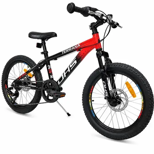 Bicicleta Copii Dhs Terrana 2023, model 2026, roti 20 Inch, 6 Viteze, cadru aluminiu, Rosu/Negru