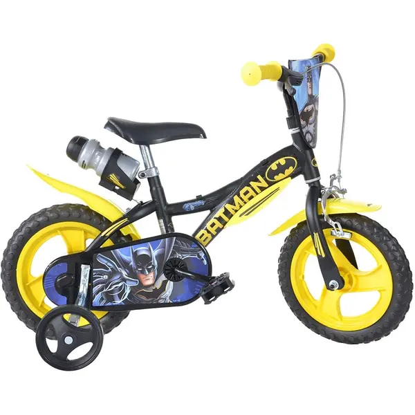 Bicicleta Copii Dino Bikes, Batman, 12 inch, roti ajutatoare, sistem frana, negru/galben KID907725, la doar 498,00 lei