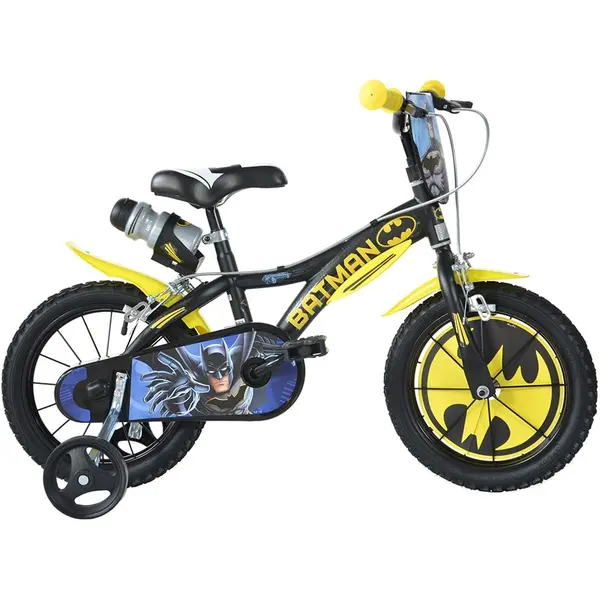 Bicicleta Copii Dino Bikes, Batman, 16 inch, roti ajutatoare, sistem frana, negru/galben KID907701, la doar 667,00 lei
