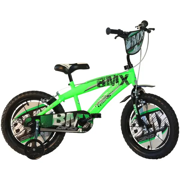Bicicleta Copii Dino Bikes, BMX, 16 inch, roti ajutatoare, sistem frana, negru/verde KID909798, la doar 601,00 lei