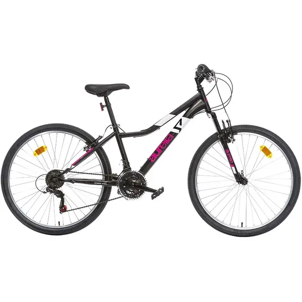 Bicicleta copii Dino Bikes MTB Ring negru 26 inch, pentru copii cu varsta de peste 11 ani si o inaltime de peste 145 cm, frana de mana pe roata fataspate, transmisie Shimano cu 18 viteze, suspensii la roata din fata, cric