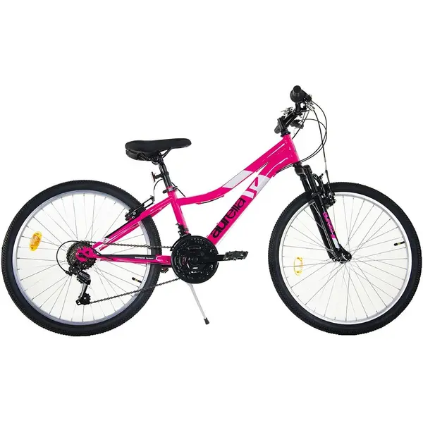 Bicicleta copii Dino Bikes MTB Ring roz 24 inch, de la 9 ani, inaltimea recomandata 135-145 cm, anvelope gonflabile, avertizor luminos, transmisie Shimano cu 18 viteze, suspensii la roata din fata, cric inclus