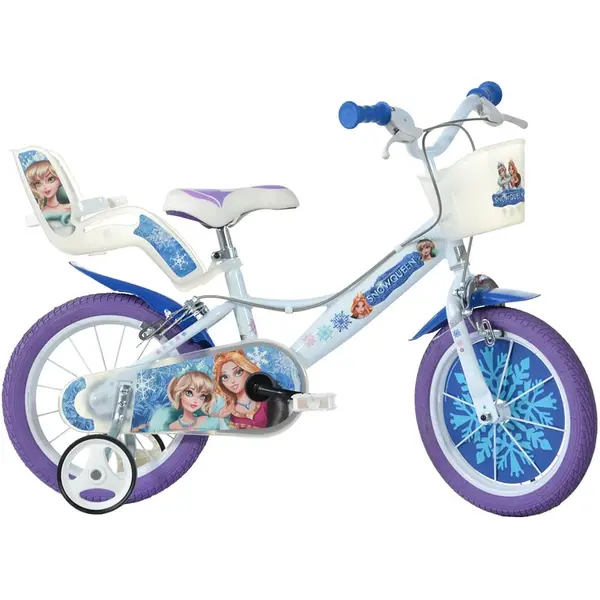 Bicicleta Copii Dino Bikes, Snow Queen, 14 inch, roti ajutatoare, sistem frana, alb/mov KID908531, la doar 630,00 lei