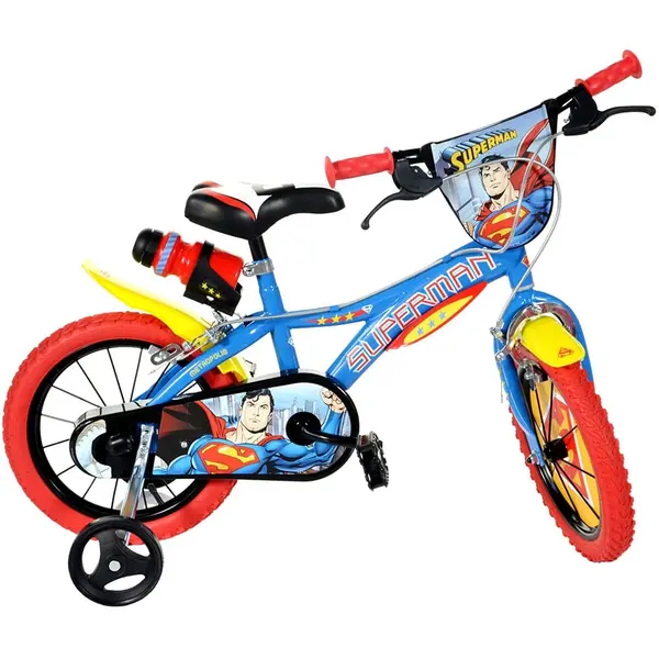 Bicicleta Copii Dino Bikes, Superman, 16 inch, roti ajutatoare, sistem frana, albastru/rosu KID907695, la doar 689,00 lei