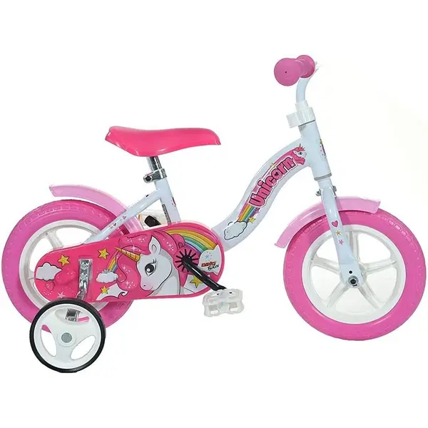 Bicicleta Copii Dino Bikes, Unicorn, 10 inch, roti ajutatoare, alb/roz KID904168, la doar 359,00 lei