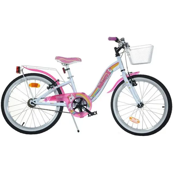 Bicicleta Copii Dino Bikes, Unicorn, 20 inch, sistem frana, cos depozitare, alb/roz KID905189, la doar 904,00 lei