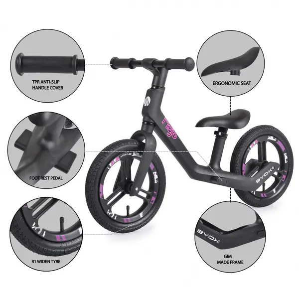 Bicicleta copii fara pedale Byox Mojo BlackPink 12 inch, suport picioare si inaltime sa reglabila 34-40 cm, anvelope gonflabile, de la 3 ani, suport pentru picioare pe ambele parti ale cadrului