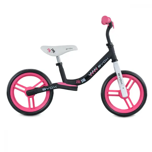 Bicicleta copii fara pedale Byox Zig-Zag Pink 12 inch, roti din cauciuc EVA, scaun ajustabil pe inaltime de la 36 cm pana la 45 cm, de la 2 ani pana la greutatea maxima admisa de 20 kg