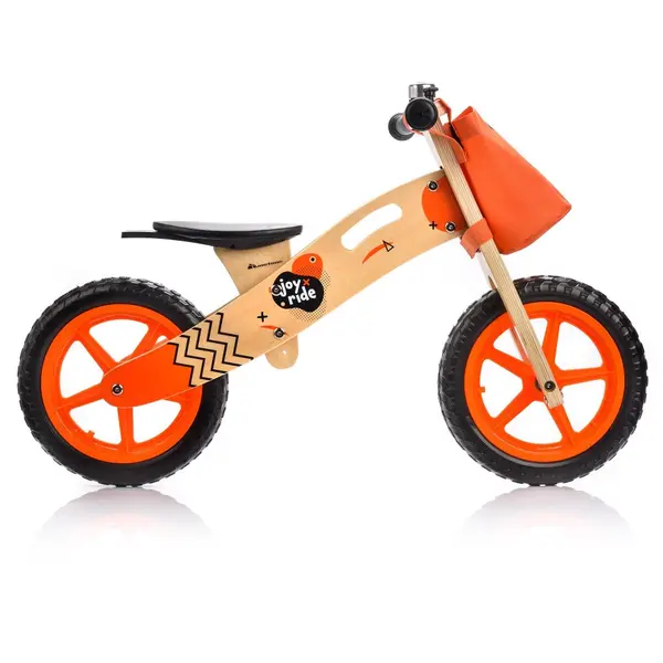 Bicicleta copii fara pedale din lemn Joy Ride Balance Orange 12 inch, scaun reglabil pe inaltime 34-38 cm, roti EVA, clopotel, gentuta accesorii, ghidon cu posibilitate de blocare