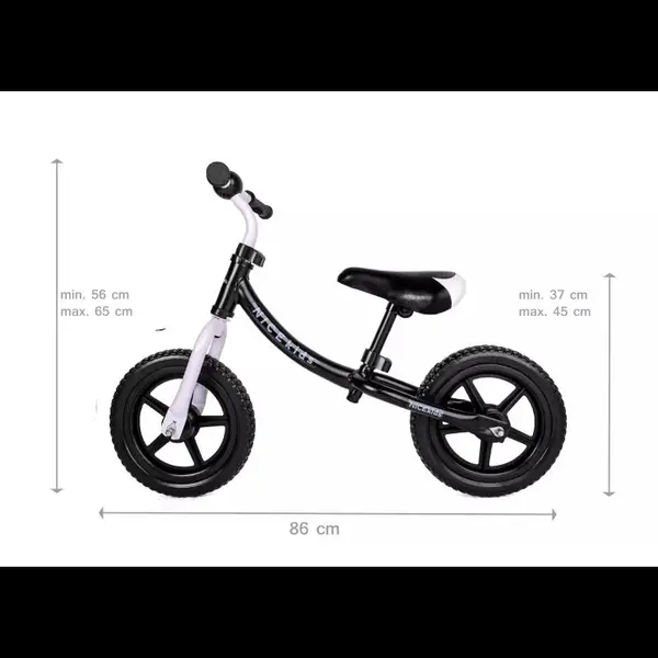 Bicicleta copii fara pedale Nice Kids White Black 12 inch, roti din spuma eva, greutate redusa, scaun si ghidon reglabile pe inaltime, roti cu rulmenti