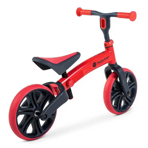Bicicleta copii fara pedale Yvolution Y Velo Junior red 9 inch, roti duble spate, varsta 18 luni-3 ani, scaun si ghidon reglabile in inaltime, greutatea maxima a copilului 20 kg