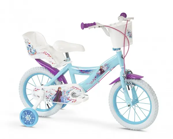 Bicicleta copii Huffy Frozen II 14 inch, roti ajutatoare si cosulet, pentru copii cu varsta intre 4 si 6 ani sau cu inaltimea pana la 110 cm, frana de mana pe ambele roti, anvelope cu profil gros, scaun reglabil