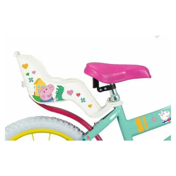 Bicicleta copii Toimsa Peppa Pig Green 16 inch, cu cosulet frontal si scaunel pentru papusi, de la 5 ani, inaltimea recomandata 110-120 cm, scaun si ghidon reglabile, roti ajutatoare detasabile