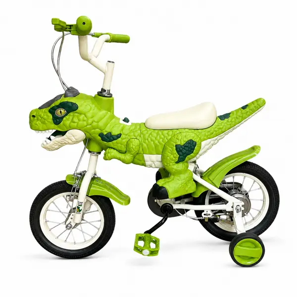 Bicicleta cu model ,,Dinozaur 3D , roti de 12 inch si roti ajutatoare - Verde
