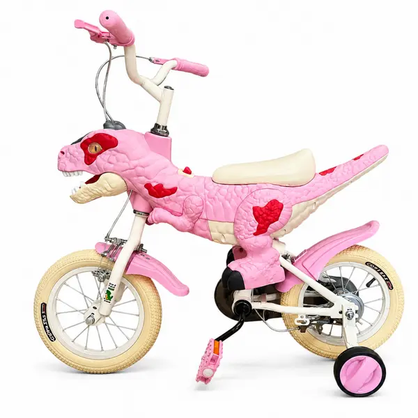 Bicicleta cu model ,,Dinozaur 3D , roti de 12 inch si roti ajutatoare - Roz