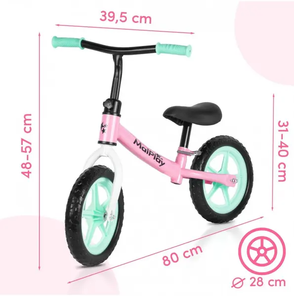 Bicicleta de echilibru fara pedale pentru copii, Malplay Fliki TurquoisePink 12 inch, roti spuma EVA, cu saua si ghidonul reglabile