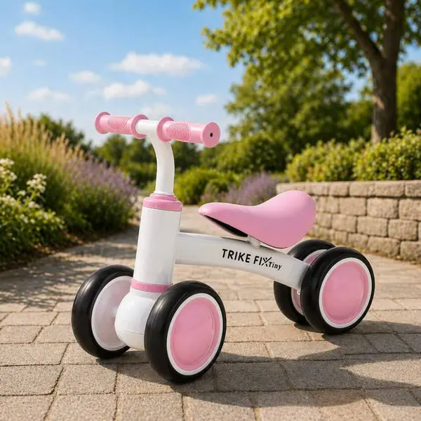 Bicicleta de echilibru fara pedale Trike FIX Tini V2 PinkWhite, design cu patru roti, roti EVA, cadrul din otel carbon, sarcina maxima 30 kg
