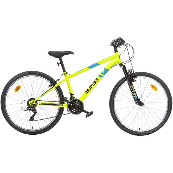 Bicicleta Dino Bikes 26 inch MTB Ring galben, pentru copii cu varsta de peste 11 ani si o inaltime de peste 145 cm transmisie Shimano cu 18 viteze, suspensii la roata din fata, cric, frana de mana pe roata fataspate
