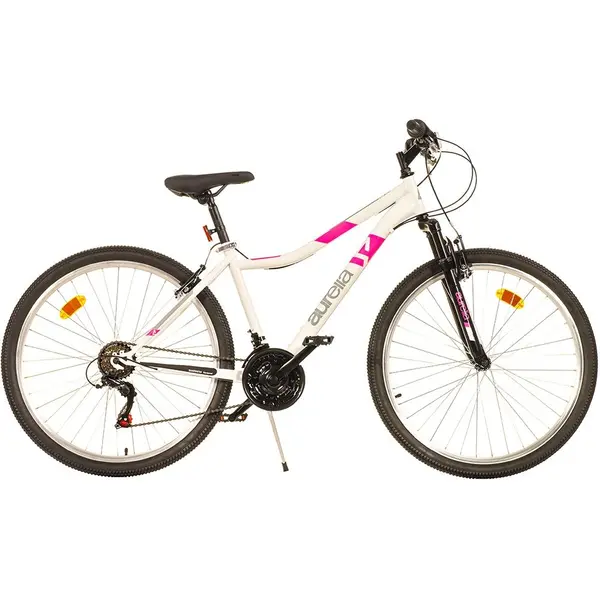 Bicicleta Dino Bikes 27.5 inch MTB Ring alb, pentru copii cu varsta de peste 12 ani si o inaltime de peste 160 cm, frana de mana pe roata fataspate, transmisie Shimano cu 18 viteze, suspensii la roata din fata, cric