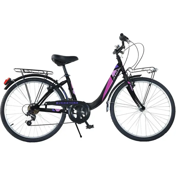 Bicicleta Dino Bikes City Summertime negru 24 inch de la 9 ani, inaltimea 135-145 cm, frana de mana pe roata fataspate, avertizor luminos, dispune de transmisie Shimano cu 6 viteze, portbagaj fataspate