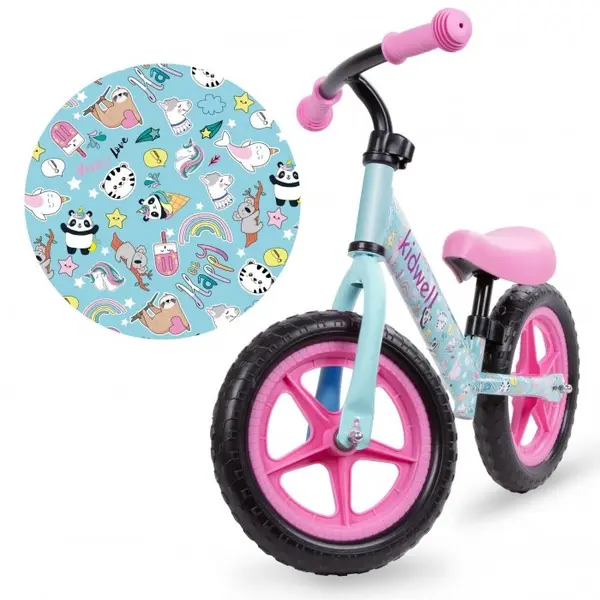 Bicicleta fara pedale Kidwell Rebel Funny Land 12 inch, varsta 3-4 ani, ghidon cu cu inaltime reglabila, roti late din cauciuc EVA, scaun moale, reglabil, greutate mmaxima admisa 30 kg, inaltimea 80-120 cm