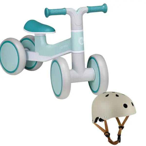 Bicicleta fara pedale, Lionelo, Villy, Cu 4 roti, Din spuma EVA si TPR, Stabila, Manere moi, antiderapante, 12- 36 luni, Sustine pana la 30 kg, Turcoaz + Casca pentru copii, Reglabila 50-56 cm, Bej