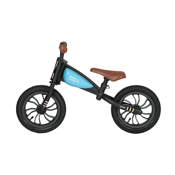 Bicicleta fara pedale QPlay Feduro Albastru Balance bike, roti 12 inch gonflabile, sa ajustabila din piele ecologica, varsta 3-6 ani