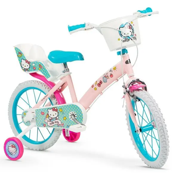 Bicicleta fetite Toimsa Hello Kitty 16 inch, cu roti ajutatoare si cosulet, de la 5 ani, inaltimea recomandata 110-120 cm, cos frontal si scaun pentru papusa, frana de mana pe ambele roti