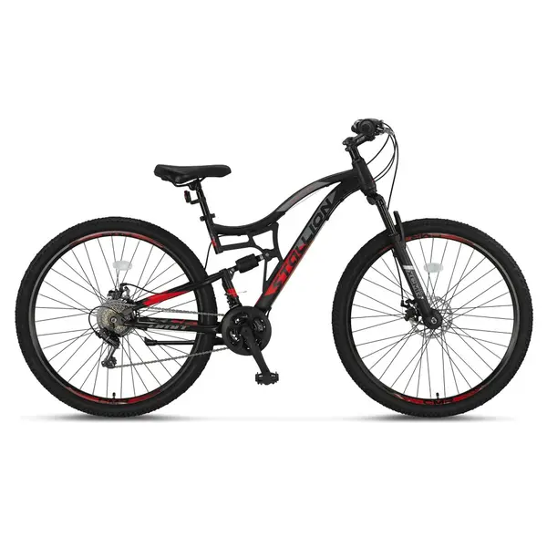 Bicicleta MTB Umit Stallion 2D, Full Suspension, SHM, 21 viteze, roata 29 , cadru otel, negru rosu