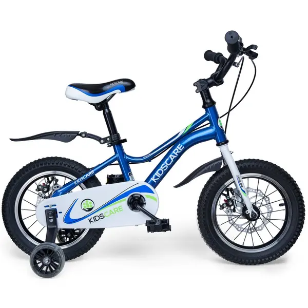 Bicicleta pentru copii 5-8 ani KidsCare HappyCycles 16 inch cu roti ajutatoare si frane pe disc albastru, inaltimea intre 110 cm si 125 cm, scaun reglabil pe inaltime, claxon pe ghidon