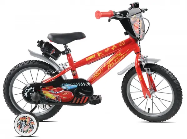 Bicicleta pentru copii Denver Disney Cars 14 inch, frana de mana pe ambele roti, claxon, sticla de apa, aparatoare noroi fata si spate, spite metalice, roti gonflabile