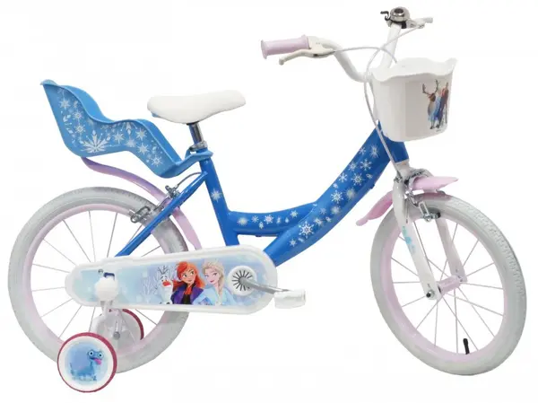 Bicicleta pentru copii Denver Disney Frozen 16 inch, frana de mana pe ambele roti, clopotel, roti ajutatoare detasabile, suport pentru papusi, cosulet transport pe ghidon