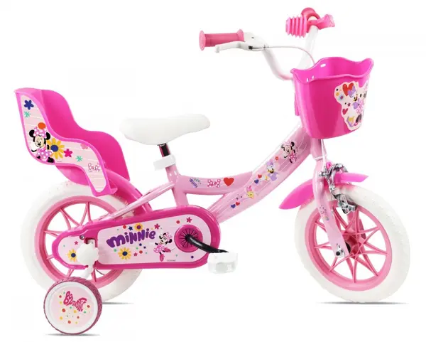 Bicicleta pentru copii Denver Minnie Cutest 12 inch, frana de mana pe ambele roti, clopotel, roti ajutatoare detasabile, suport pentru papusi