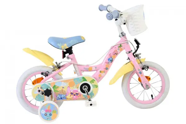Bicicleta pentru copii EL Disney Stitch Girls 12 inch, frana de mana, scaun si ghidon reglabil, cosulet pe ghidon, spite metalice, roti gonflabile, stopuri reflectorizante